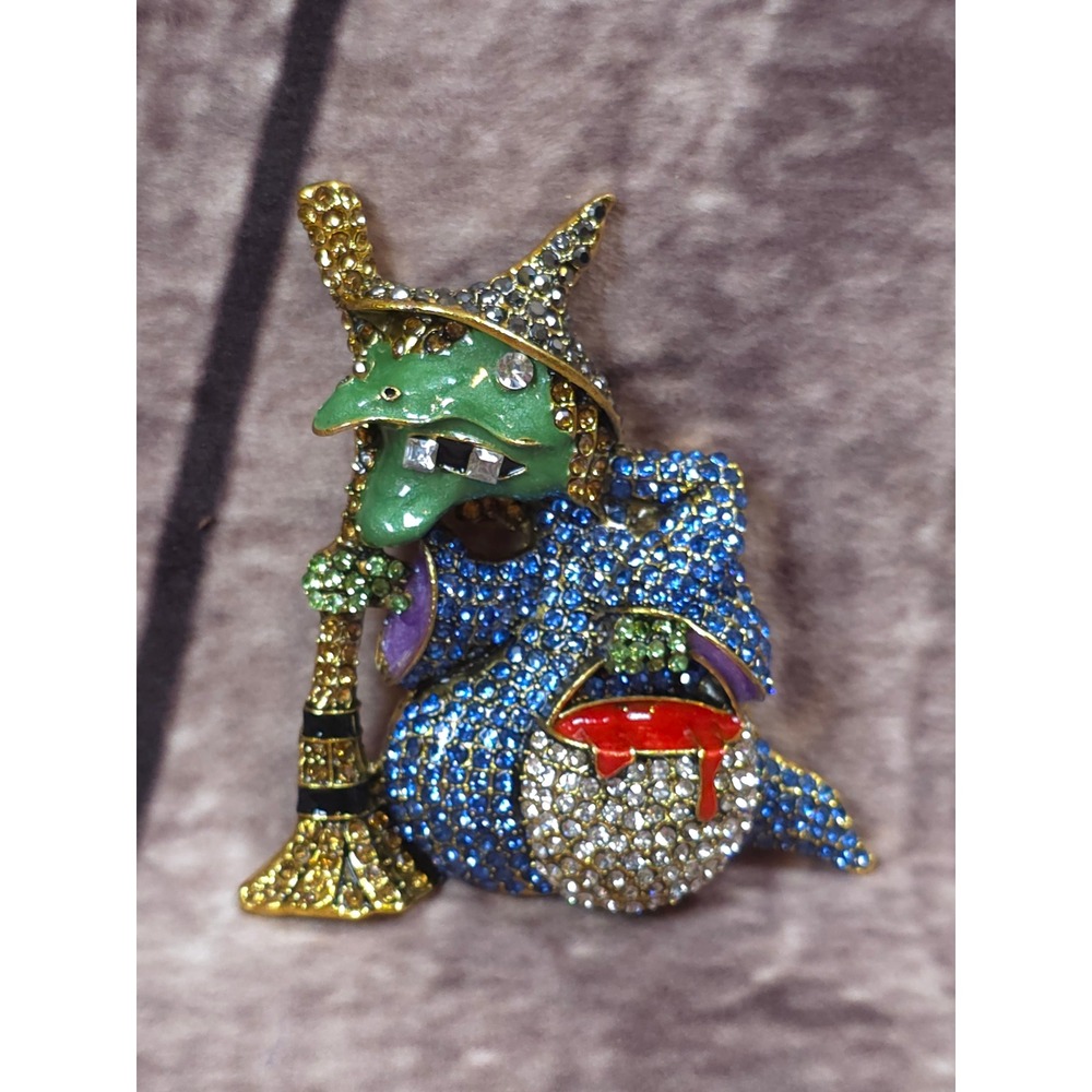 Whimsical Witch Pin Brooch Sparkling Rhinestone Halloween Costume Jewelry